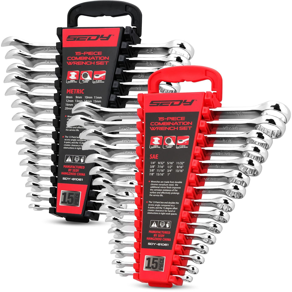 SEDY 30-Piece wrench set organizer in a compact rack for easy transport