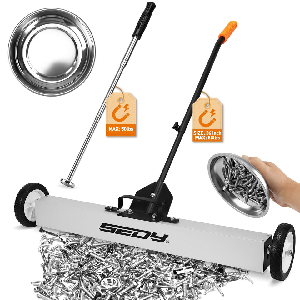 SEDY 36-inch rolling magnetic sweeper clearing nails and screws from workshop floors.