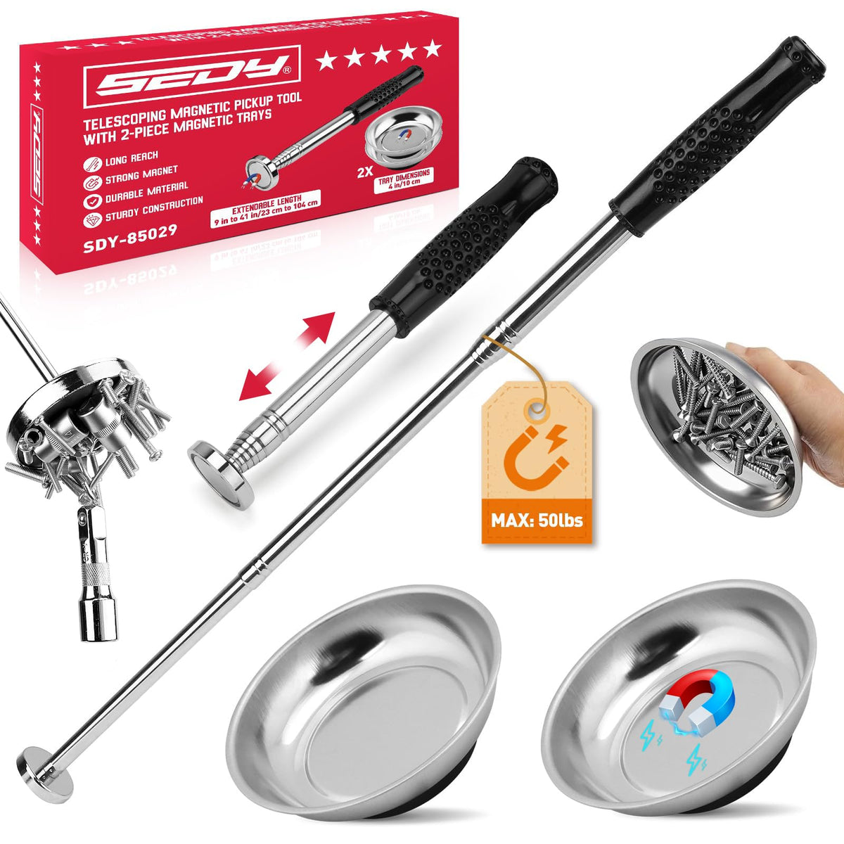 SEDY 3-pack telescoping magnetic pickup tool extended to 41 inches for reaching metal debris