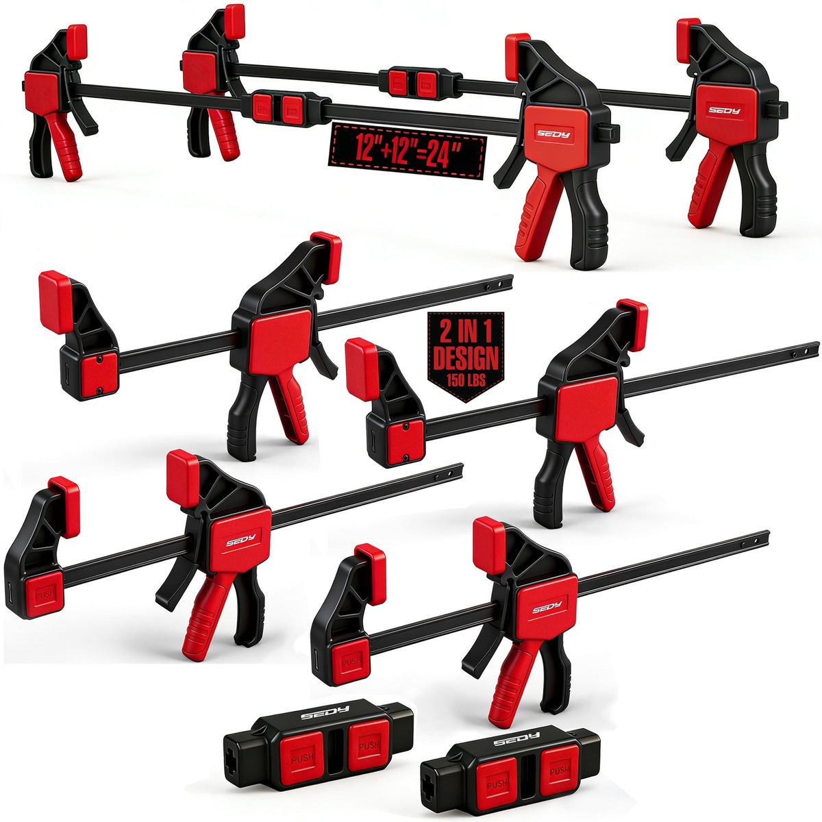 SEDY 4-piece 12-inch bar clamps provide secure, even pressure for precise glue-ups.