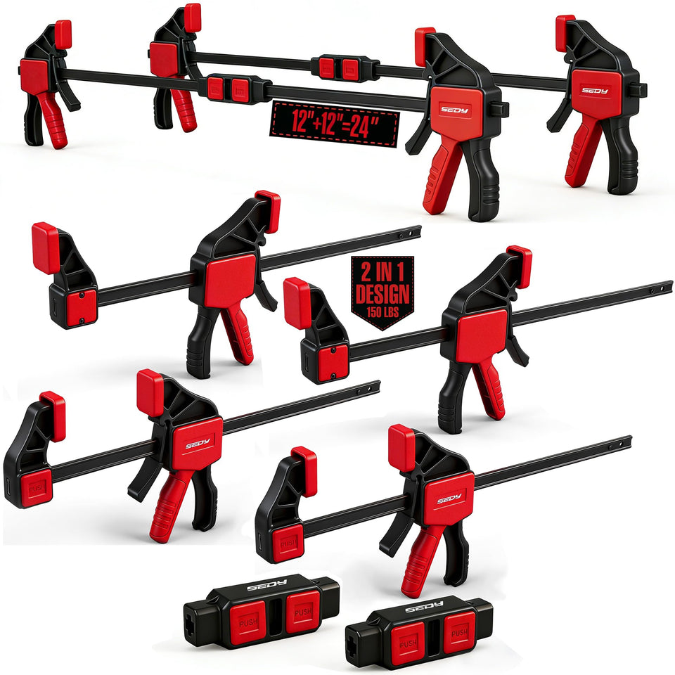 SEDY 4-piece 12-inch bar clamps provide secure, even pressure for precise glue-ups.