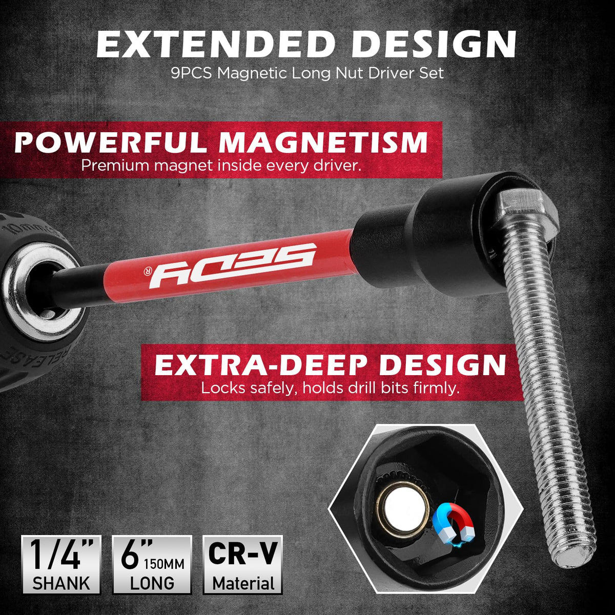 SEDY magnetic nut drivers with 6 inch reach for secure fastener grip
