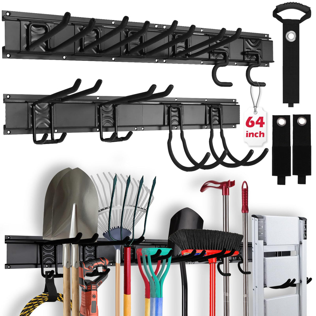 SEDY 64-inch wall-mount garage rack front view, space-saving design for easy tool access.