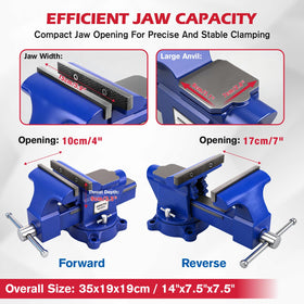 SEDY bench vise showing 360-degree swivel base for precise positioning
