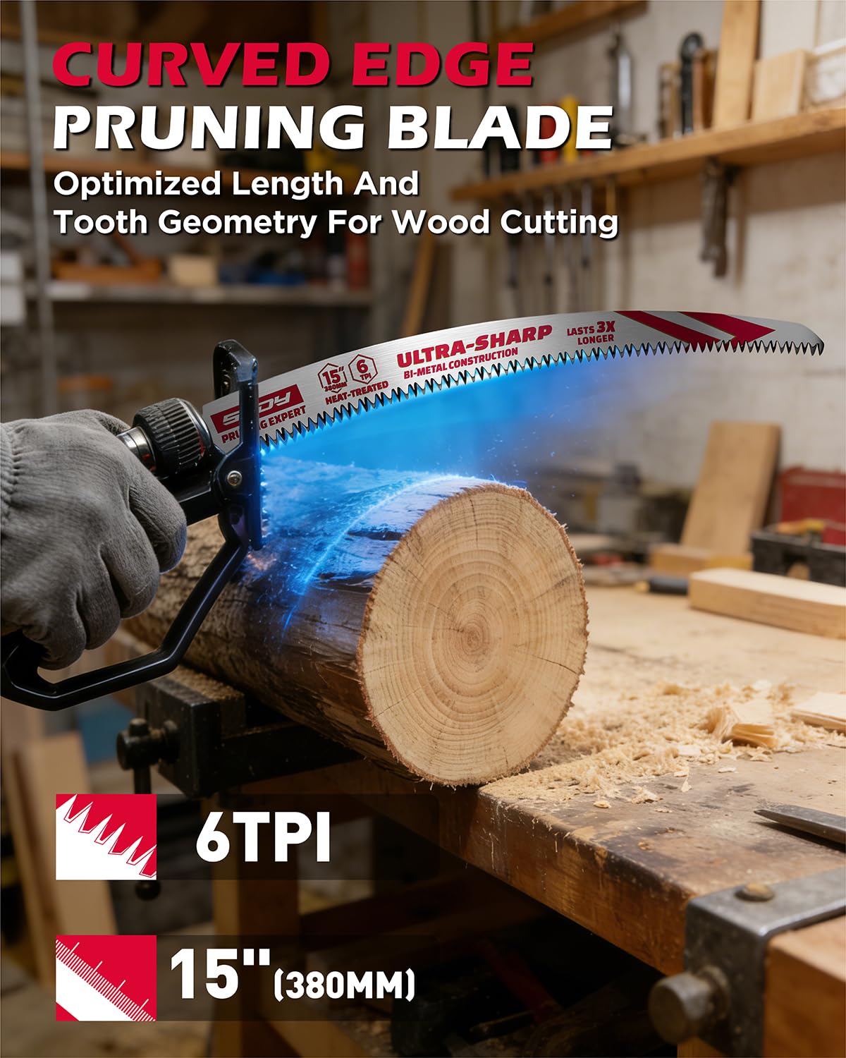 SEDY 6TPI arc-edge blade delivers smoother cuts with less binding on thick branches