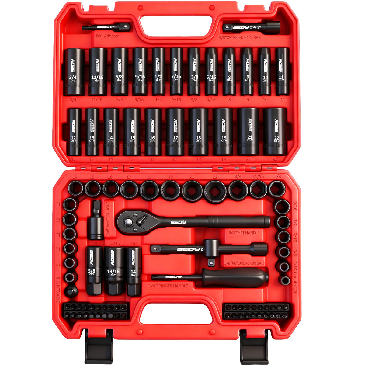 SEDY 96-piece 3/8 drive socket set in case for organized workshop tasks.