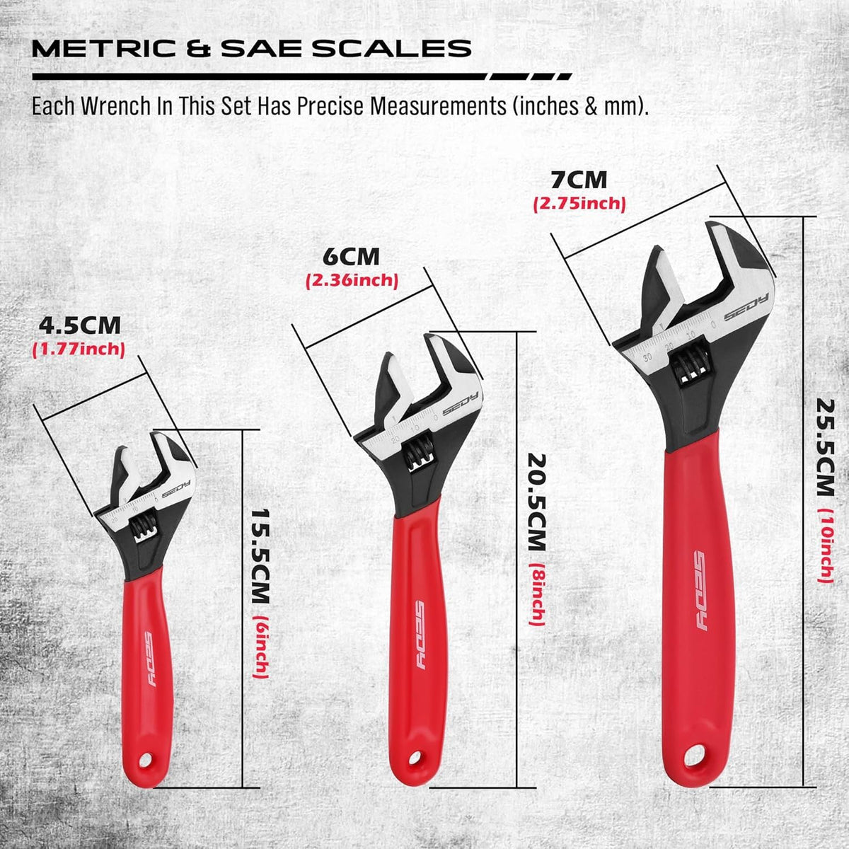 Sedy adjustable wrench set shows an 8-inch wide jaw for broader fastener ranges