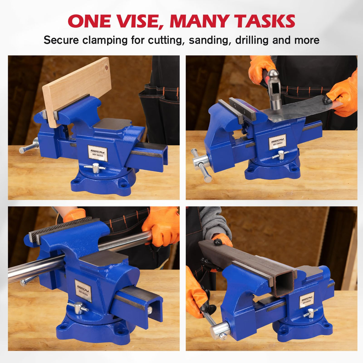SEDY garage workspace setup with a durable bench vise