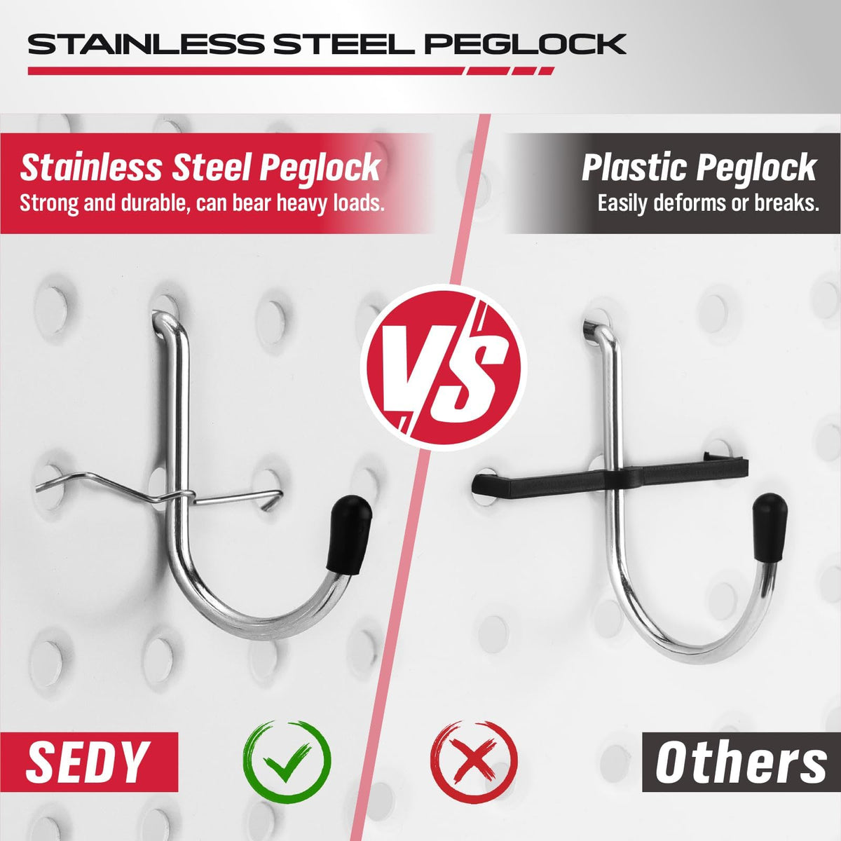 SEDY hardened steel pegboard attachments resist rust for lasting organization.