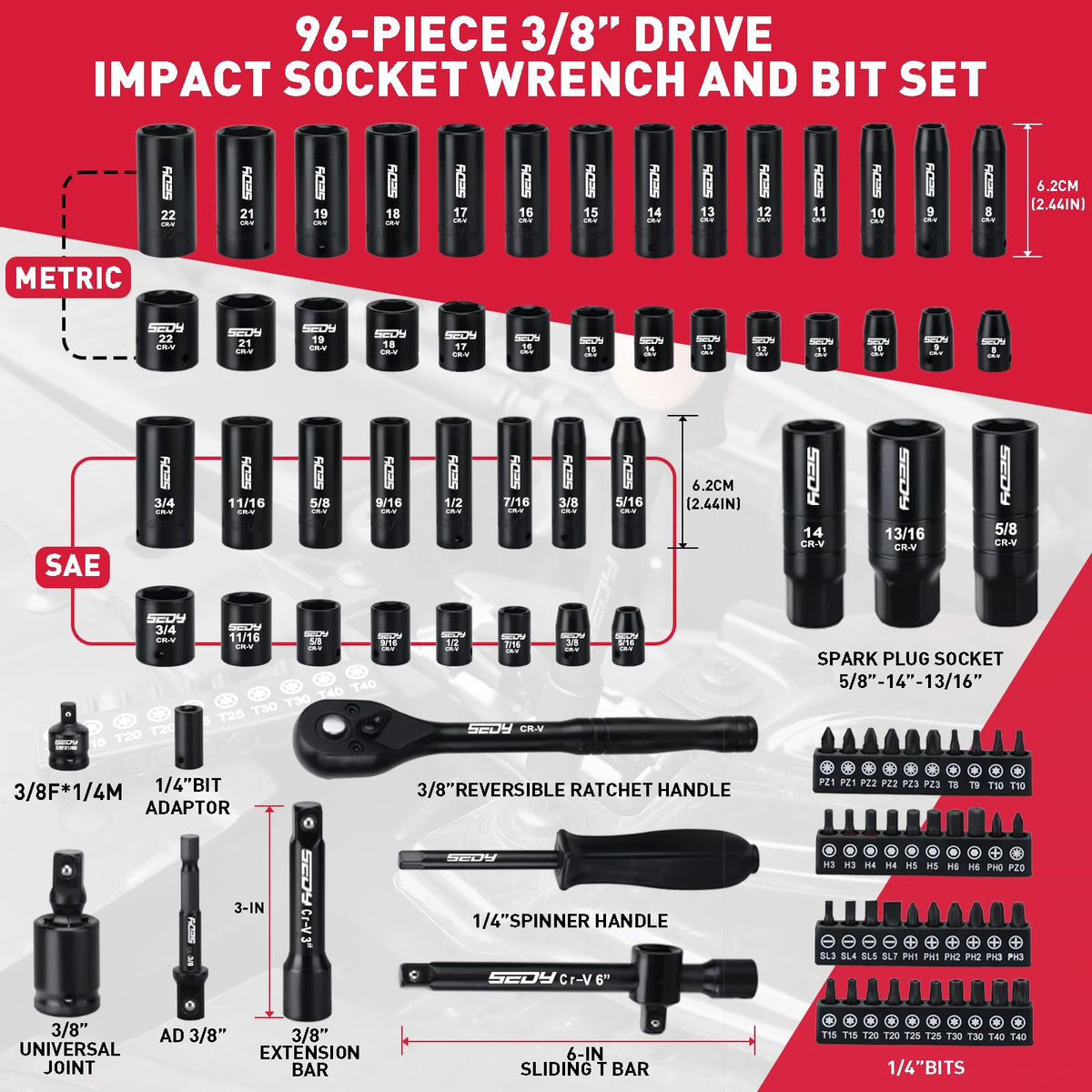 SEDY Cr-V steel sockets resist heavy torque and corrosion.