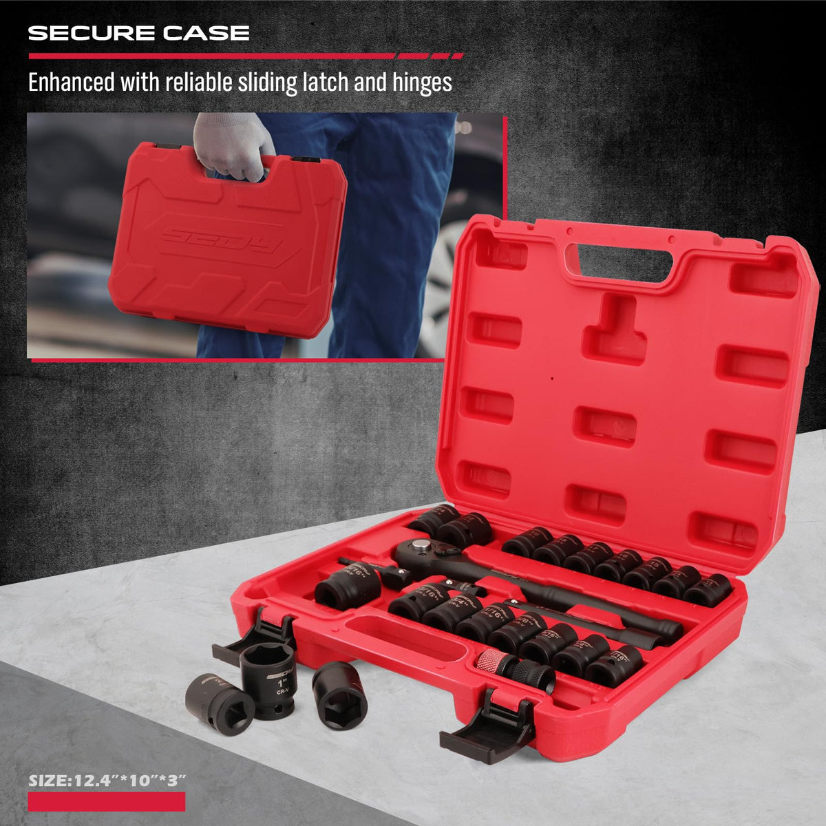 SEDY durable carrying case keeps sockets organized and portable.