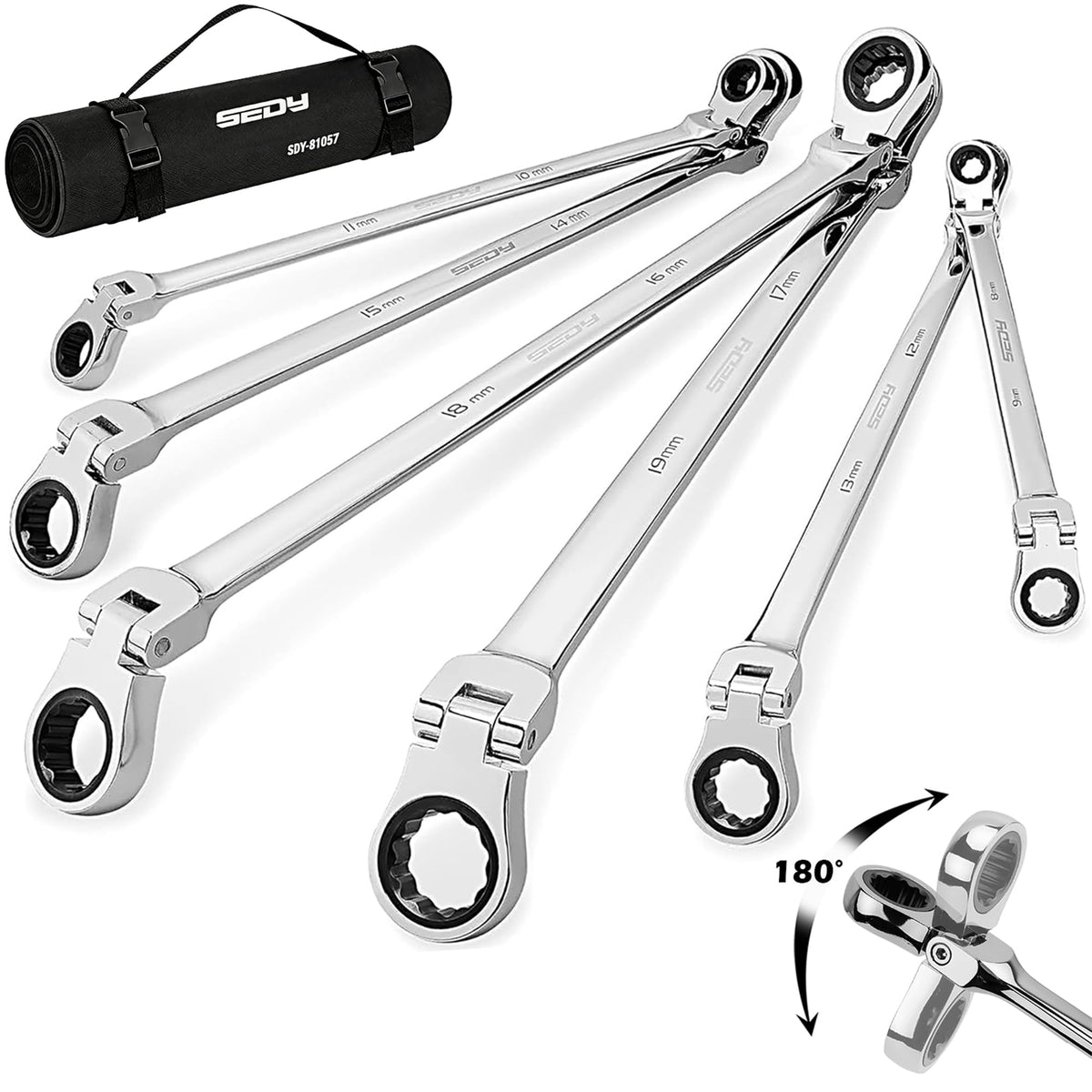 SEDY extra-long flex-head wrench set with roll-up pouch for organized DIY automotive tasks