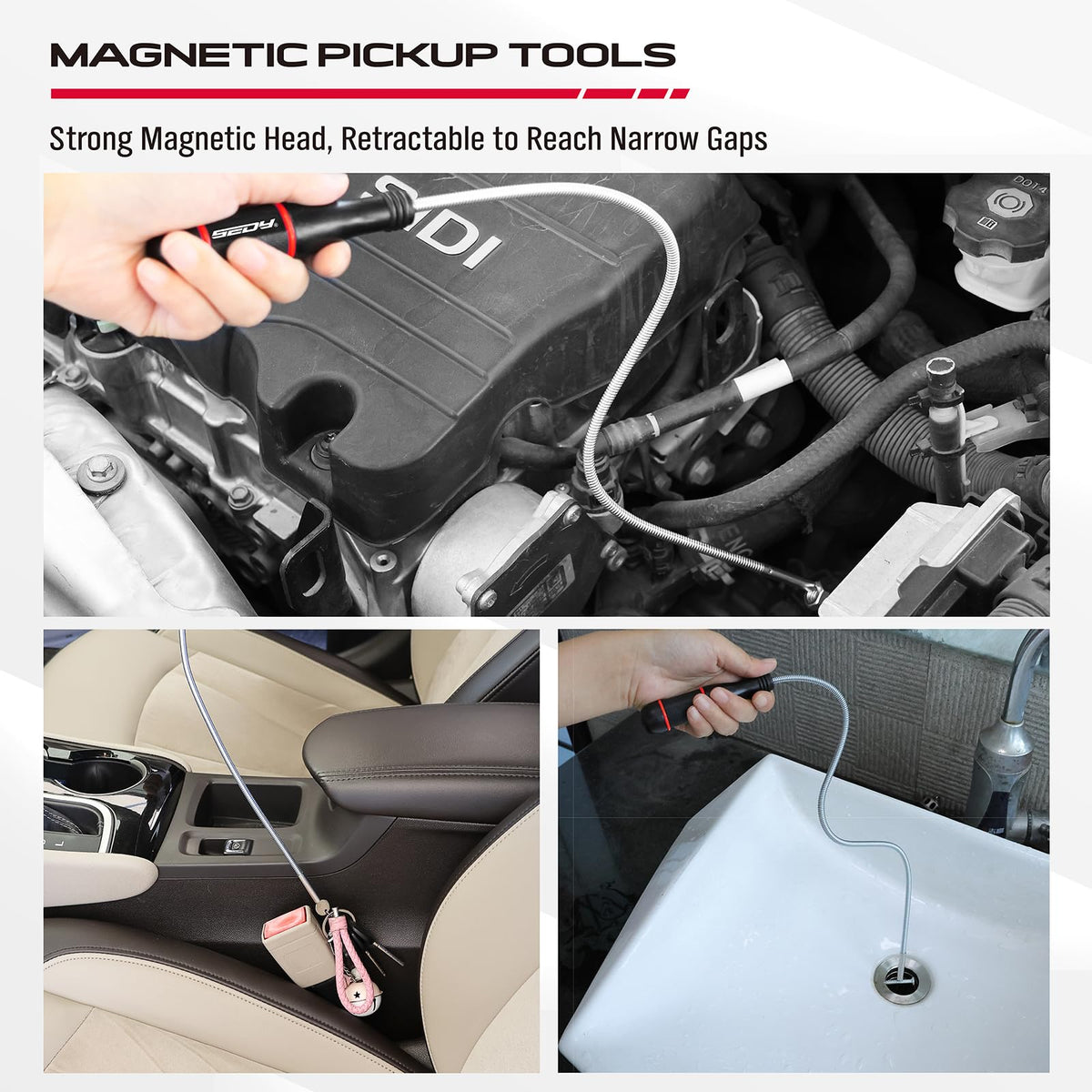 SEDY flexible spring magnet stick reaches tight spaces to lift screws.