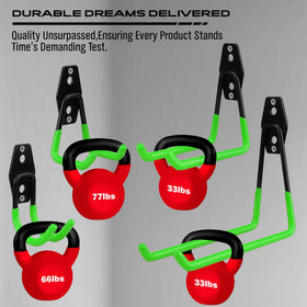 SEDY green heavy-duty hooks on wall securely hold ladders and bicycles.