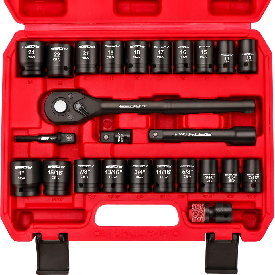 SEDY half-inch drive socket set in case for organized repairs and quick access.
