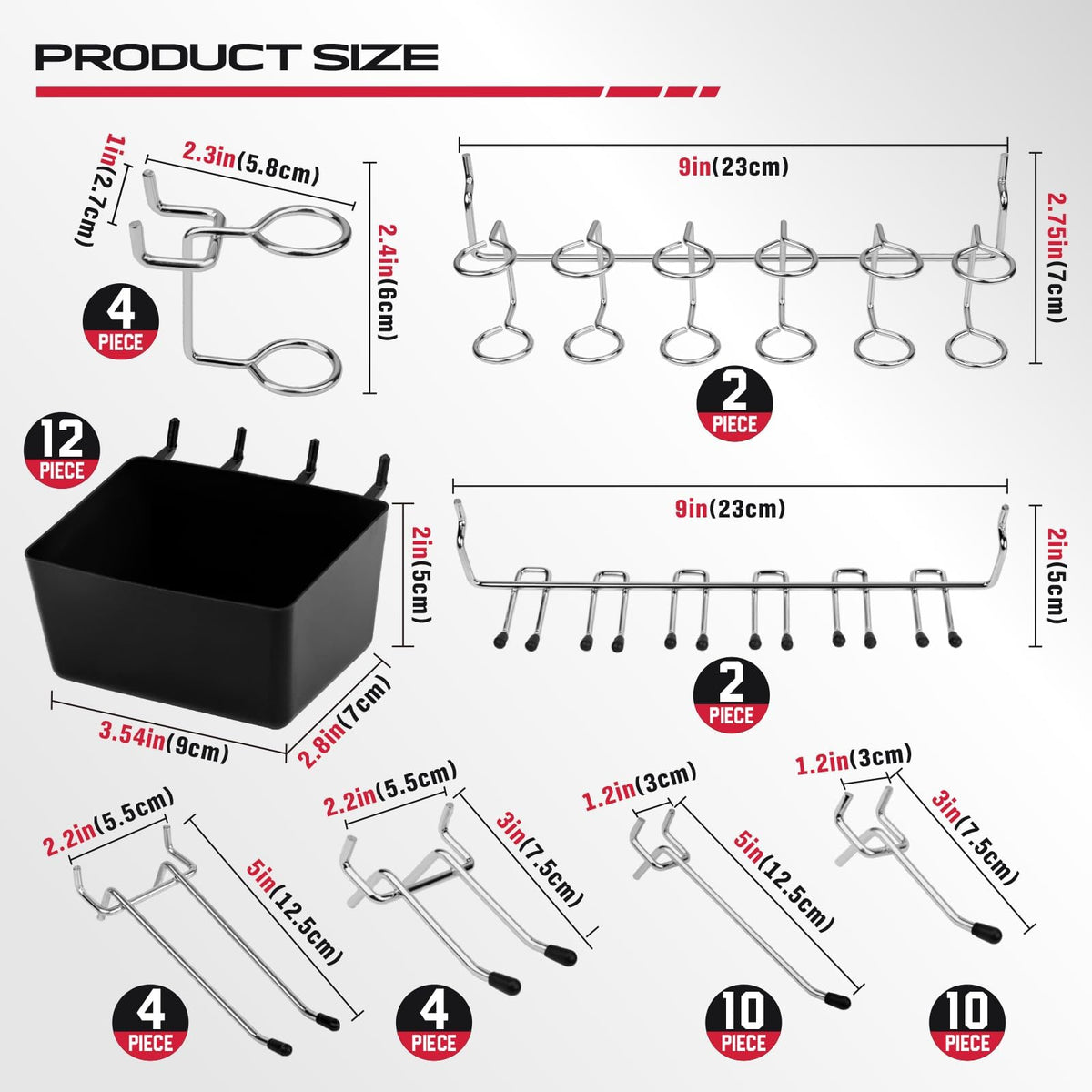 Universal fit for 1/8 and 1/4 inch pegboards with 1-inch spacing.