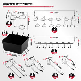 Universal fit for 1/8 and 1/4 inch pegboards with 1-inch spacing.