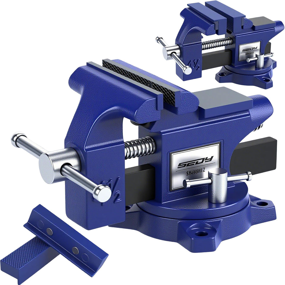 SE DY heavy-duty bench vise 4.5 inch jaw close-up shows firm grip for wood and metal