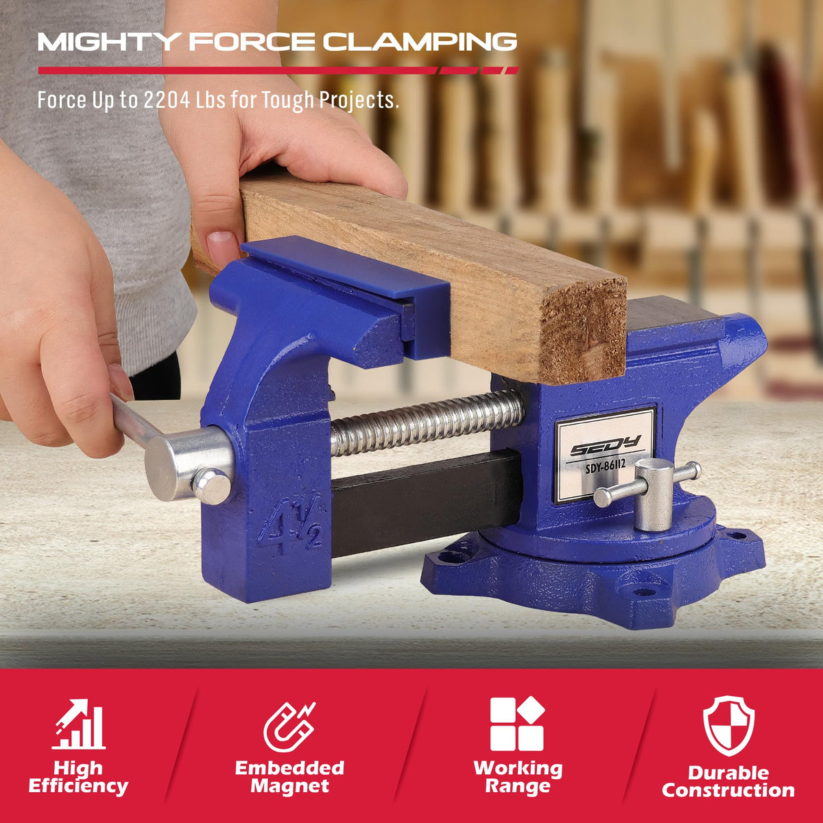 SE DY bench vise with swivel base demonstrates precise positioning for routing and drilling