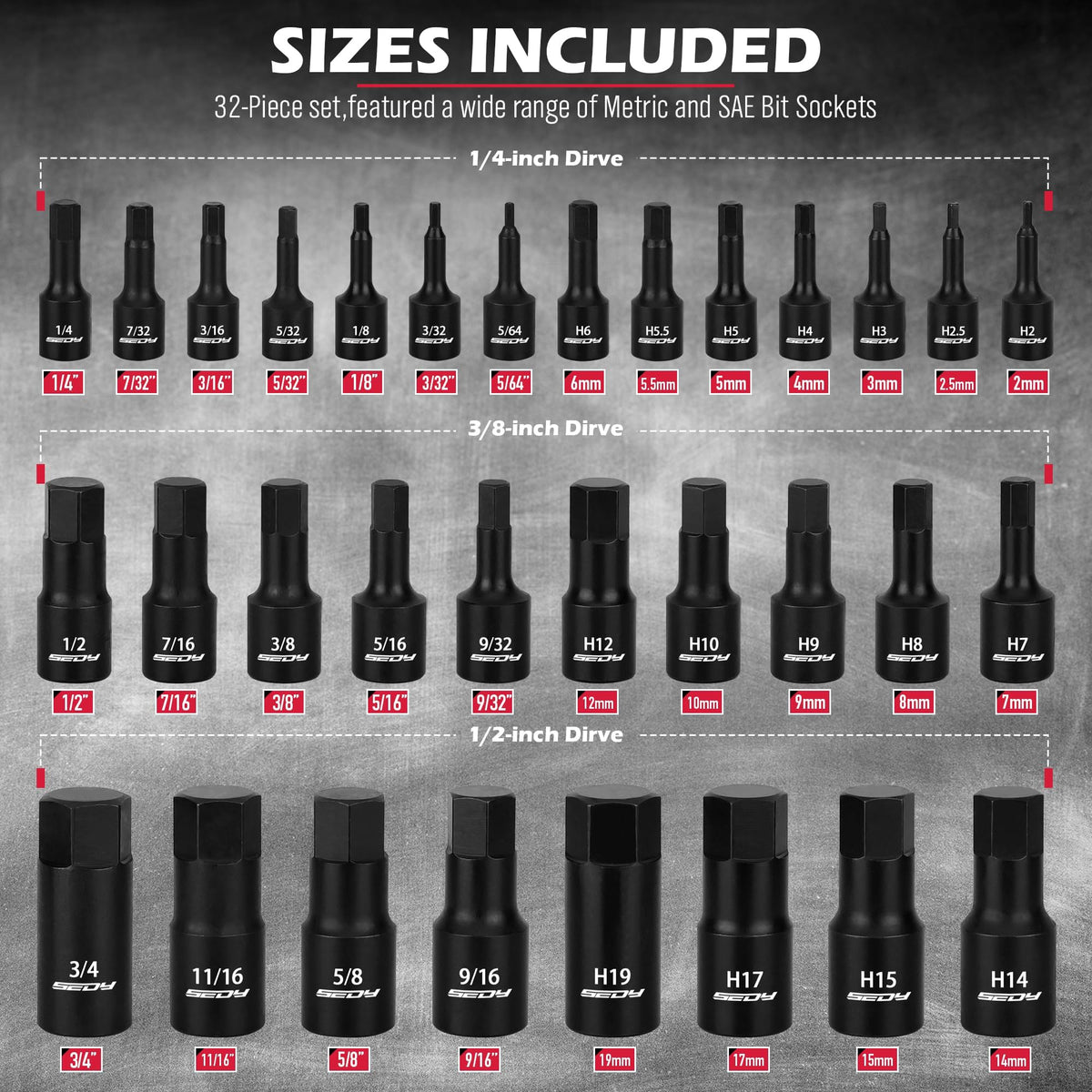 Sedy hex bit impact sockets SAE sizes enable versatile automotive repairs.