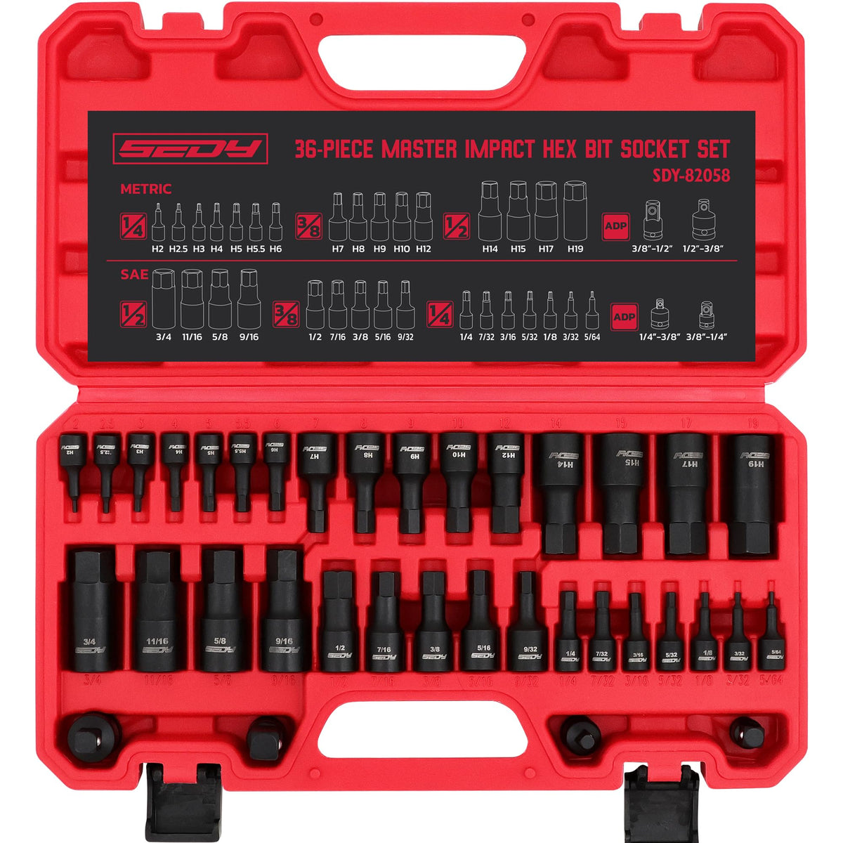 Sedy hex bit impact socket set 36-piece case for organized tool storage.