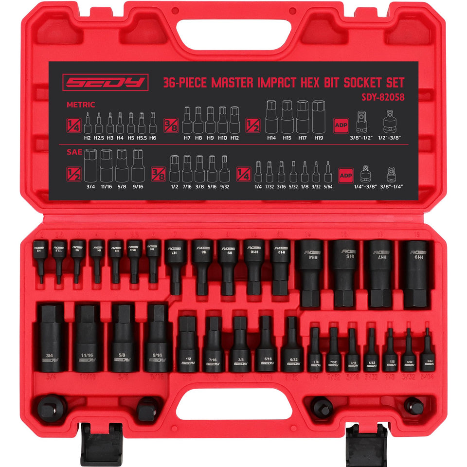 Sedy hex bit impact socket set 36-piece case for organized tool storage.