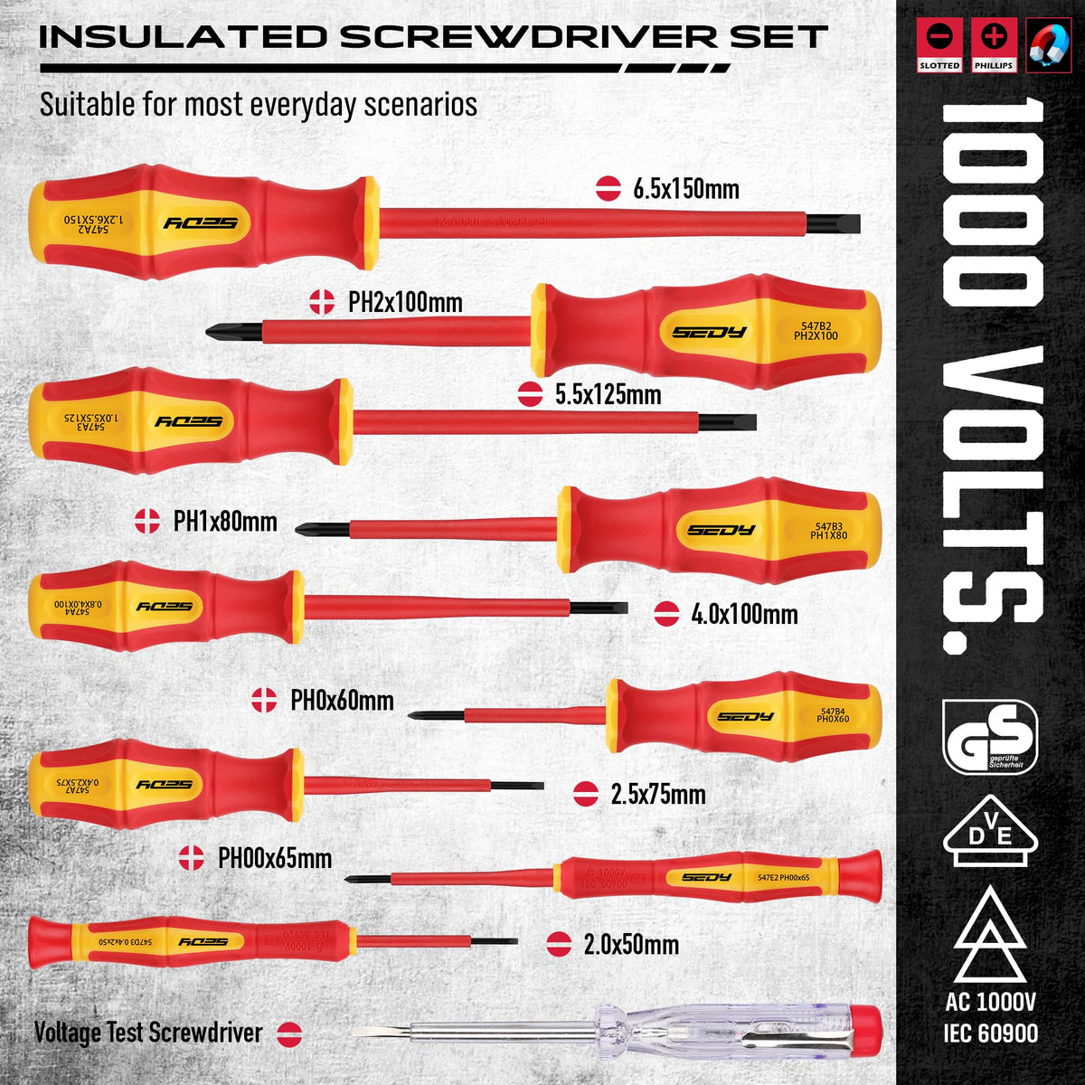 SEDY insulated slotted screwdriver with magnetic tip for quick, accurate screw driving
