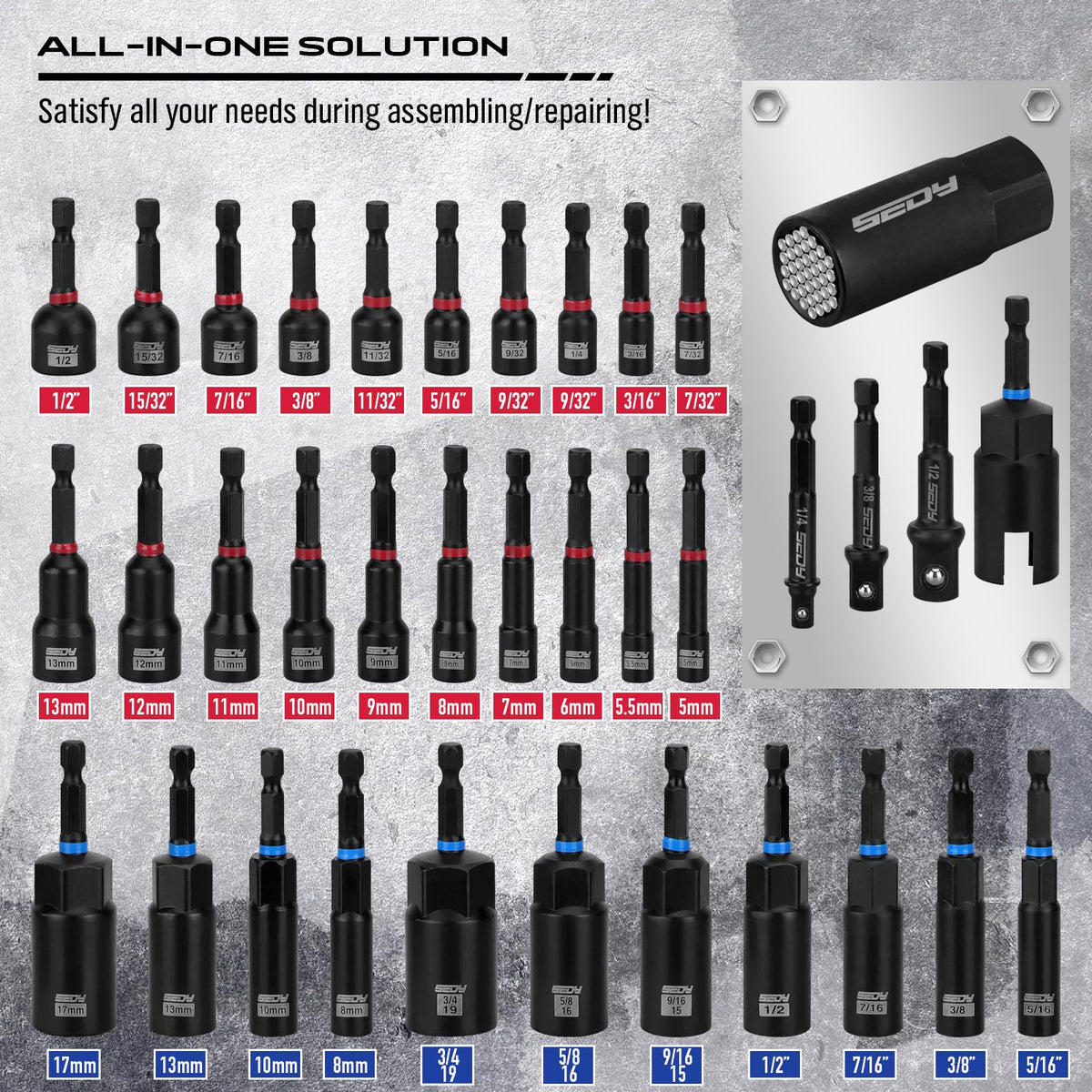 SEDY metric and SAE nut drivers with sockets ensure broad compatibility.