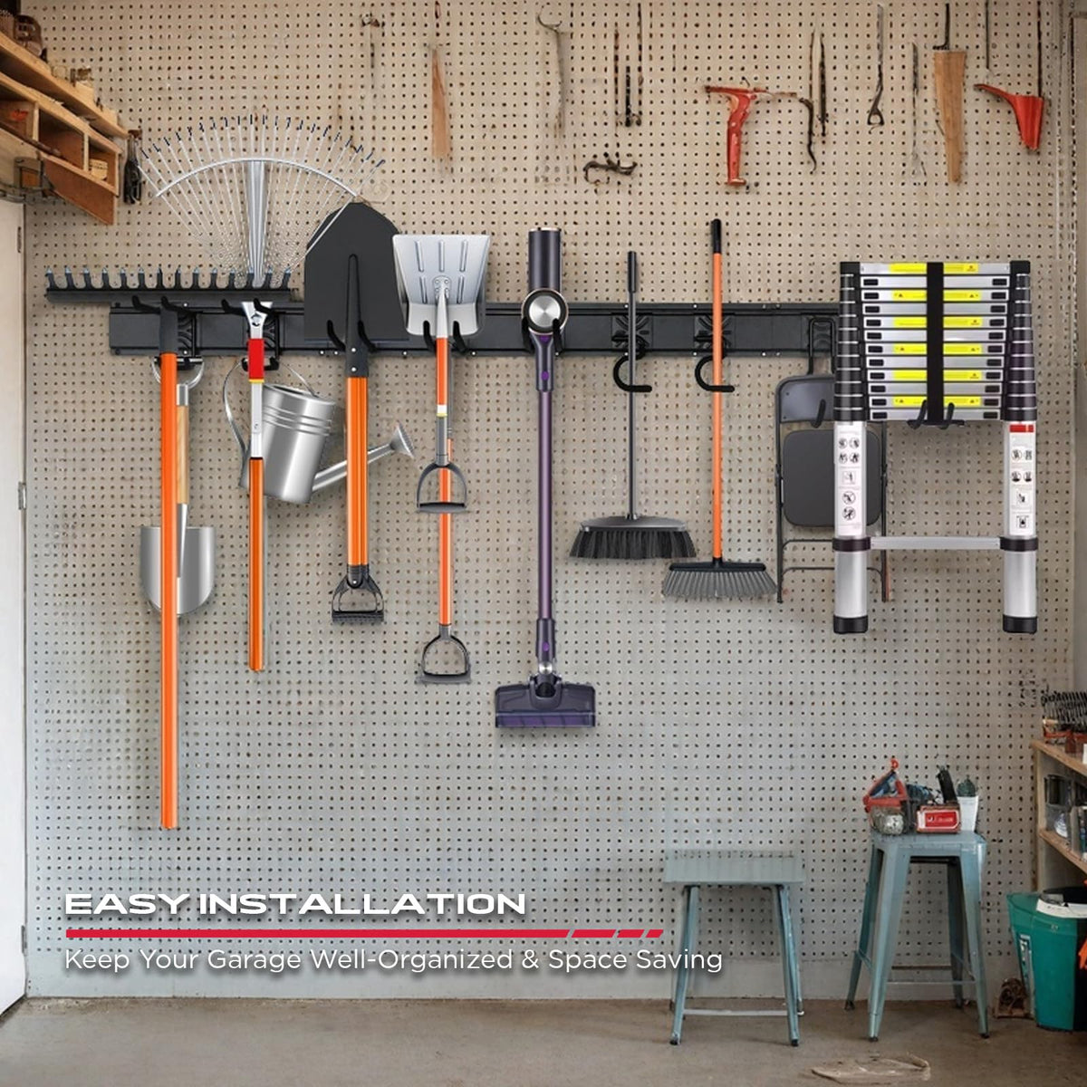 SEDY wall system transforming cluttered garage into efficient workspace.