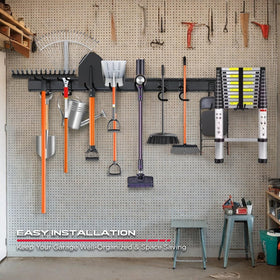 SEDY wall system transforming cluttered garage into efficient workspace.
