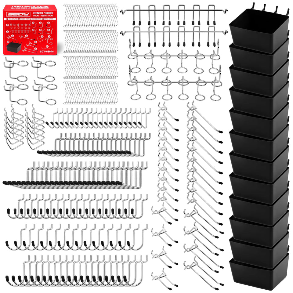 SEDY pegboard hook set with 300 pieces for organized garage storage.