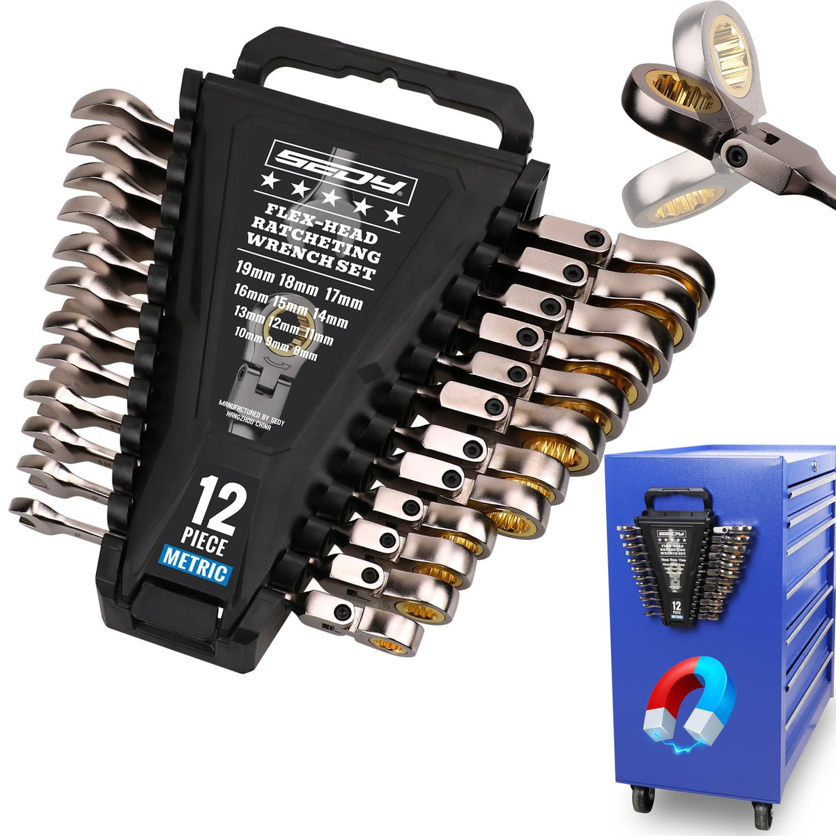 SEDY premium 12-piece metric flex-head wrenches on rack for quick access