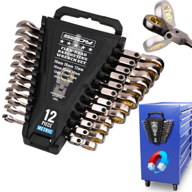 SEDY premium 12-piece metric flex-head wrenches on rack for quick access