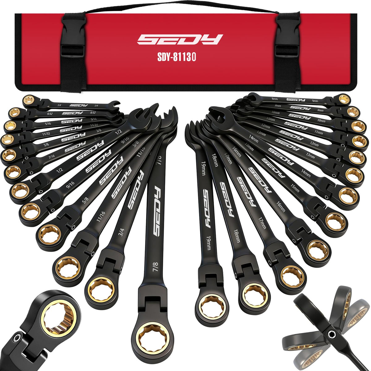 SEDY premium 24-piece flex-head set in roll-up pouch for easy transport