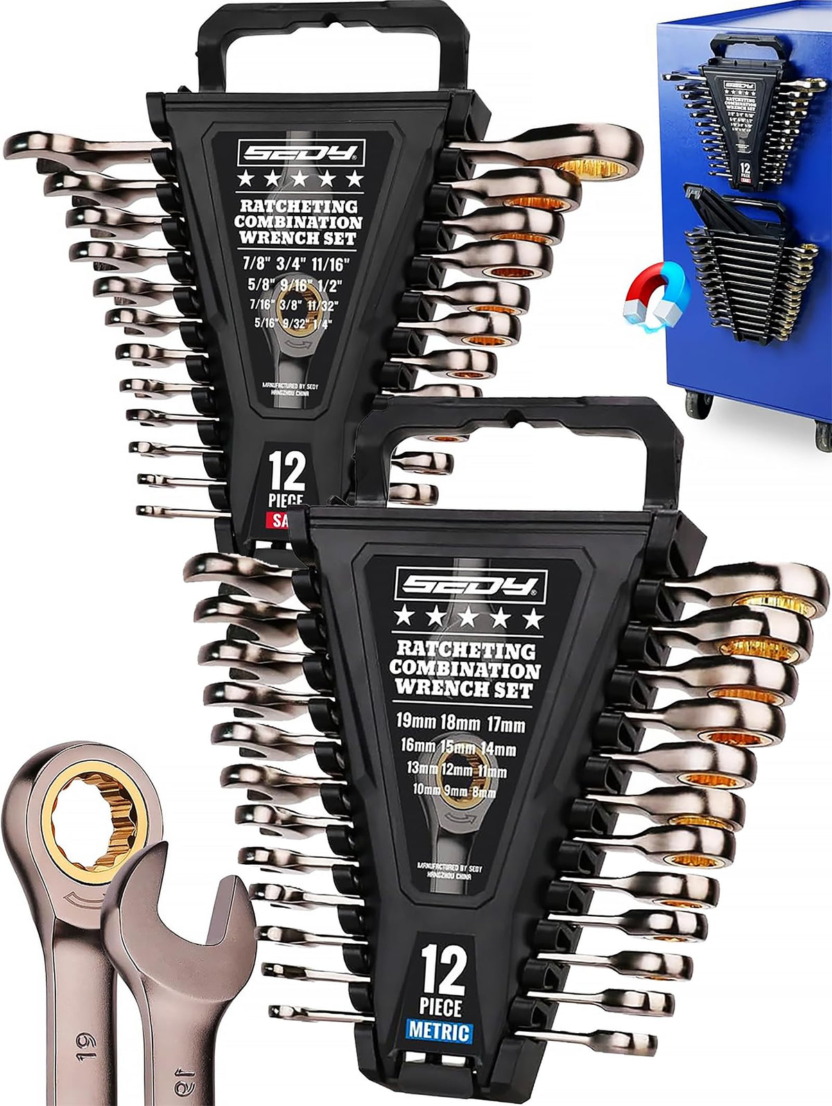 SEDY premium 24-piece ratchet wrenches set with wide SAE and metric range