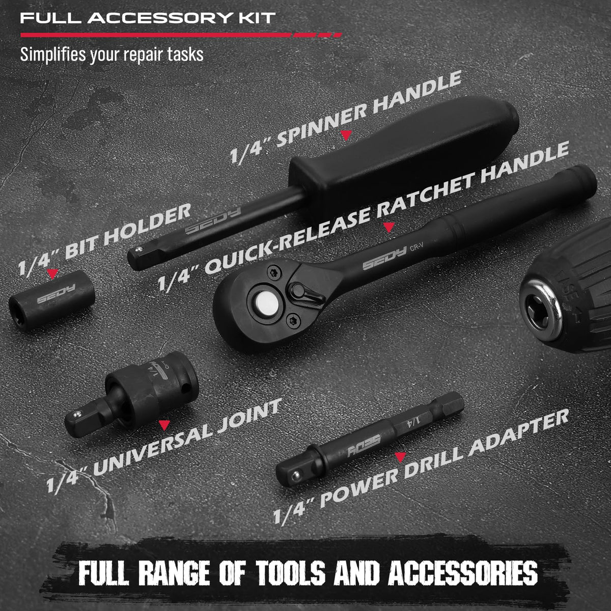 Sedy quick-release ratchet handle enables swift socket changes.
