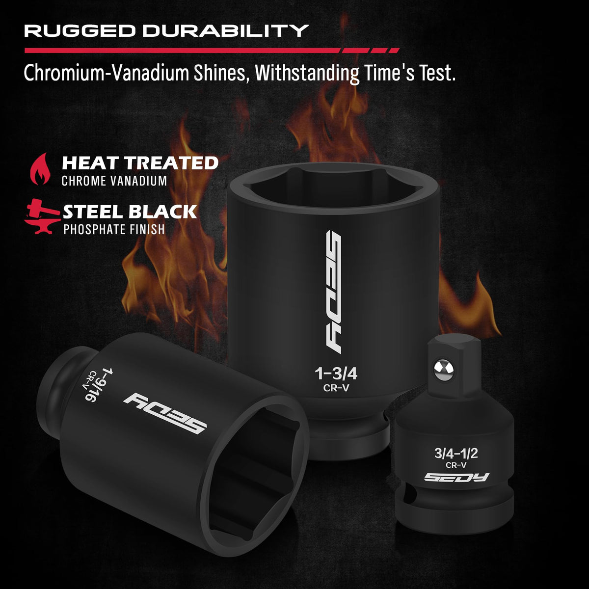 SEDY laser-etched sizes on sockets aid quick sizing during repairs