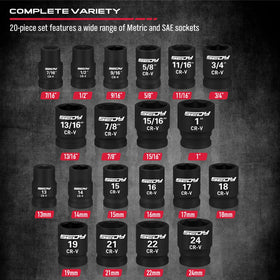 SEDY SAE and metric sockets cover 7/16 to 1 inch and 13–24 mm.
