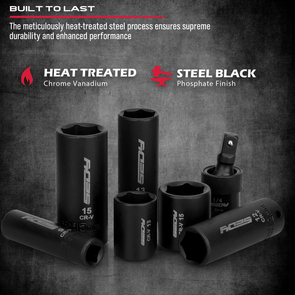 Sedy six-point sockets provide secure grip and reduced rounding.