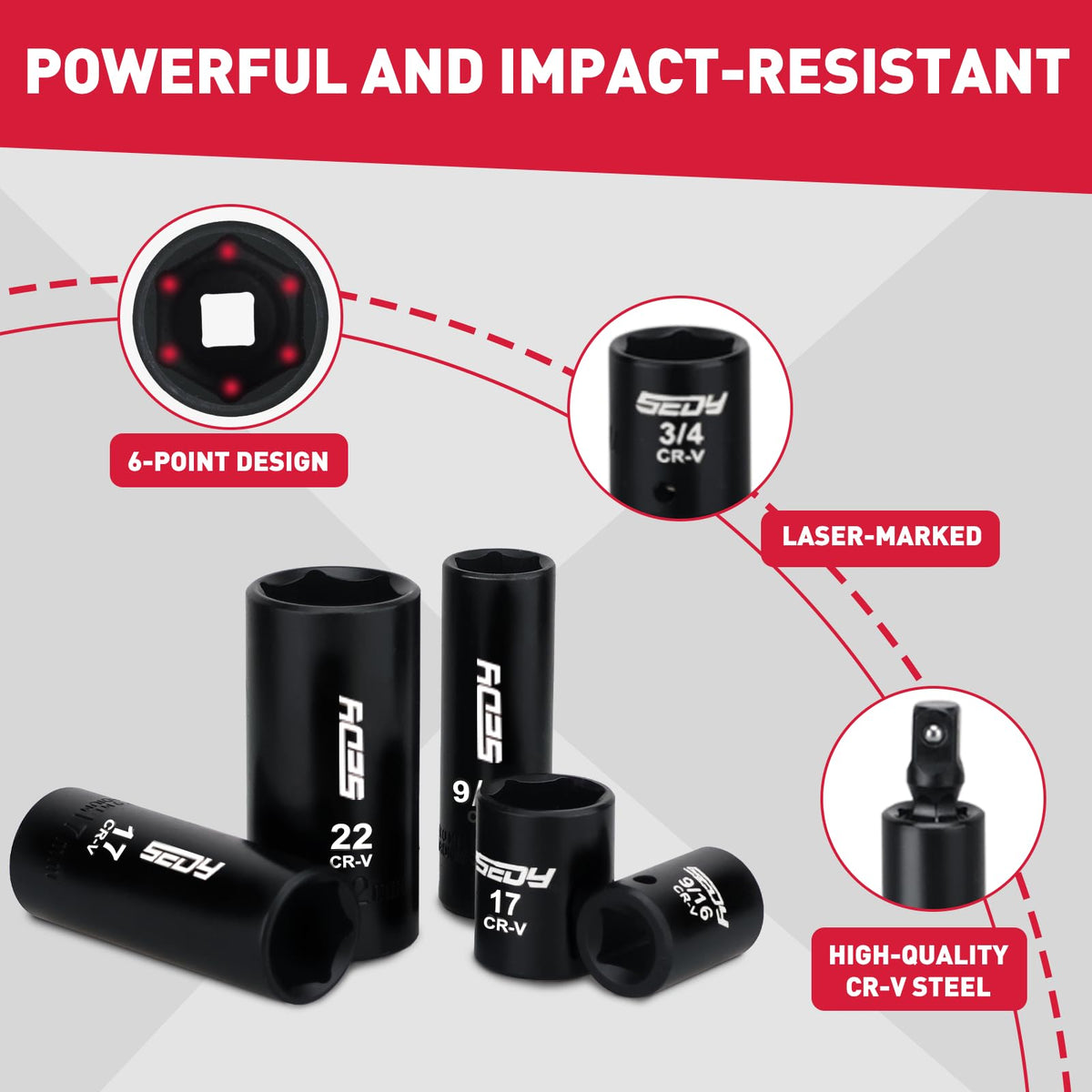 SEDY six-point sockets provide a secure fit and reduce rounding.