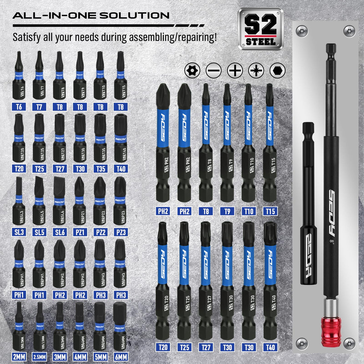 SEDY socket adapters and bit holder expand versatility for project work.