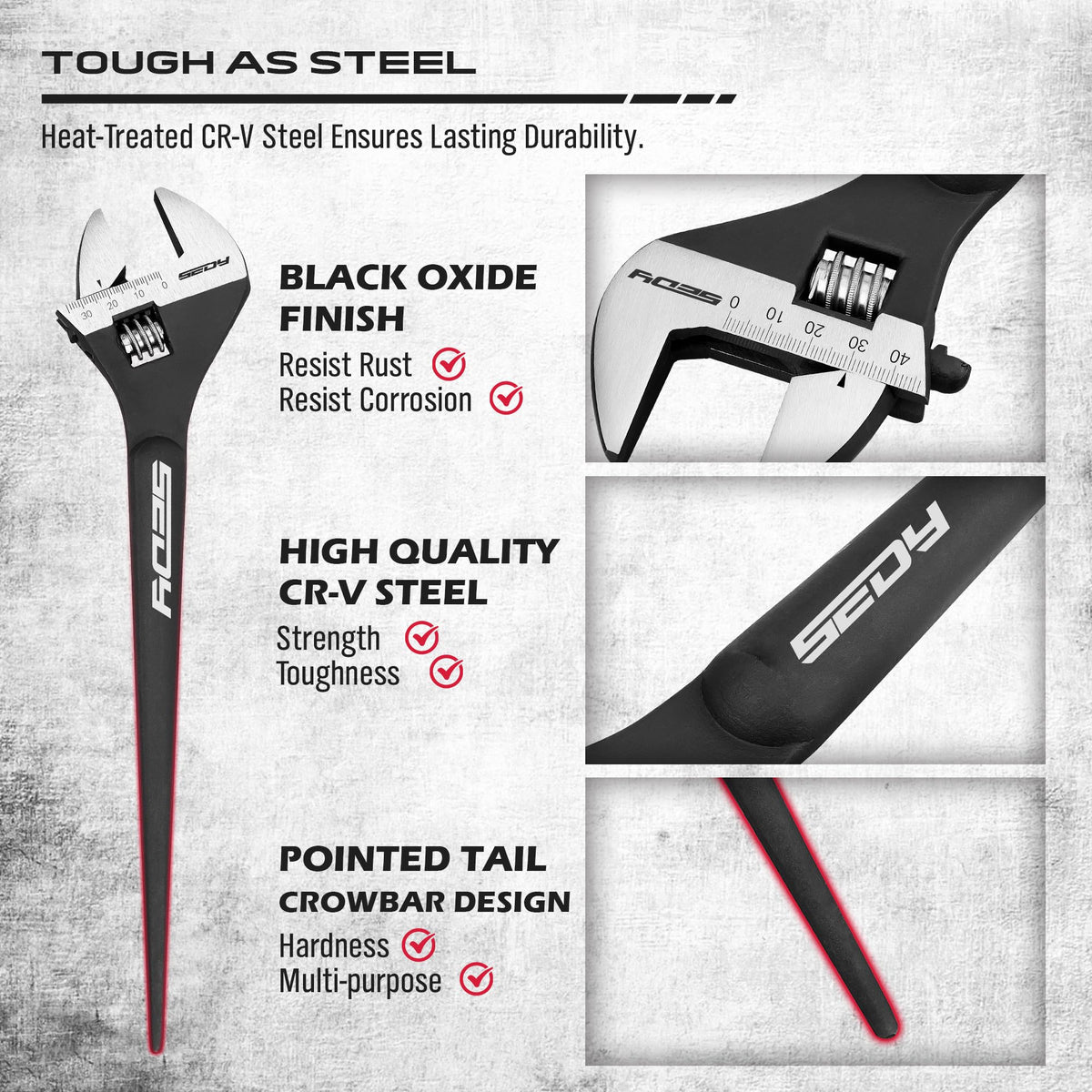SEDY spud wrench with laser-engraved SAE and metric scales for precision