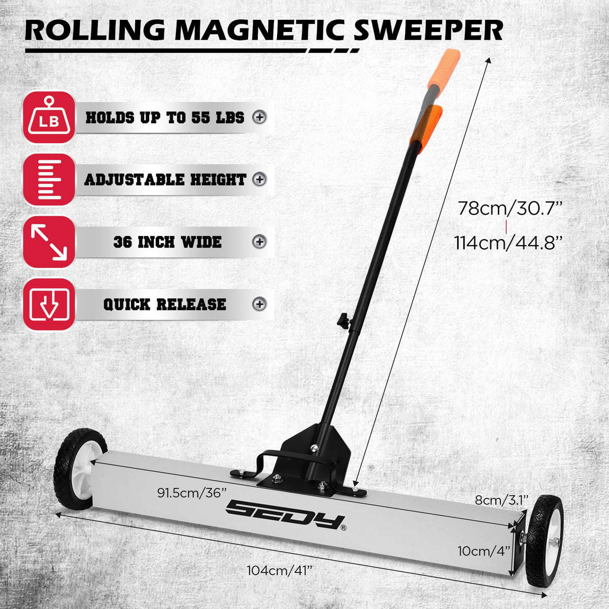 SEDY telescoping magnetic pickup tool extended to reach under benches and wheels.