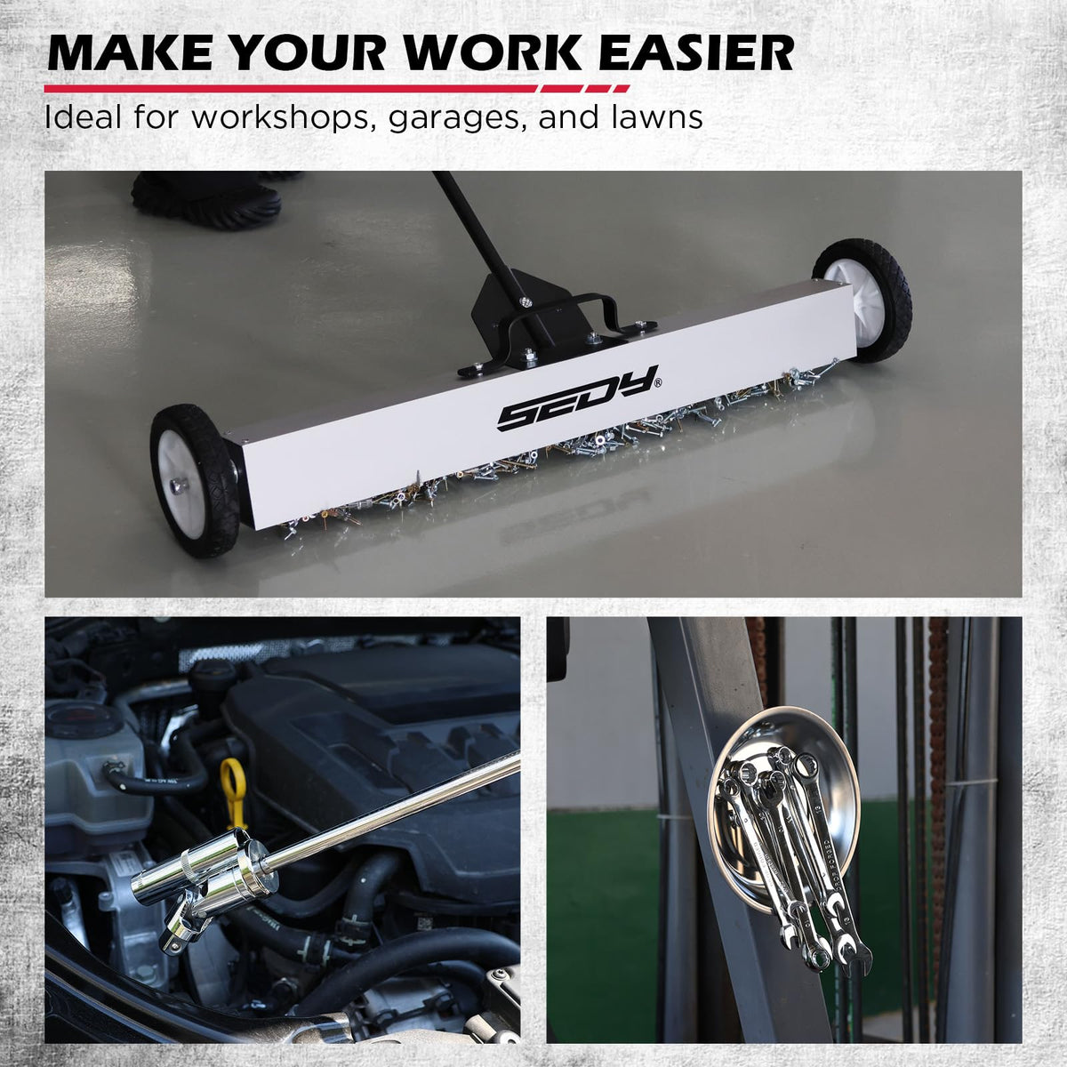 SEDY tool fits under furniture or vehicles for unseen nails and screws.