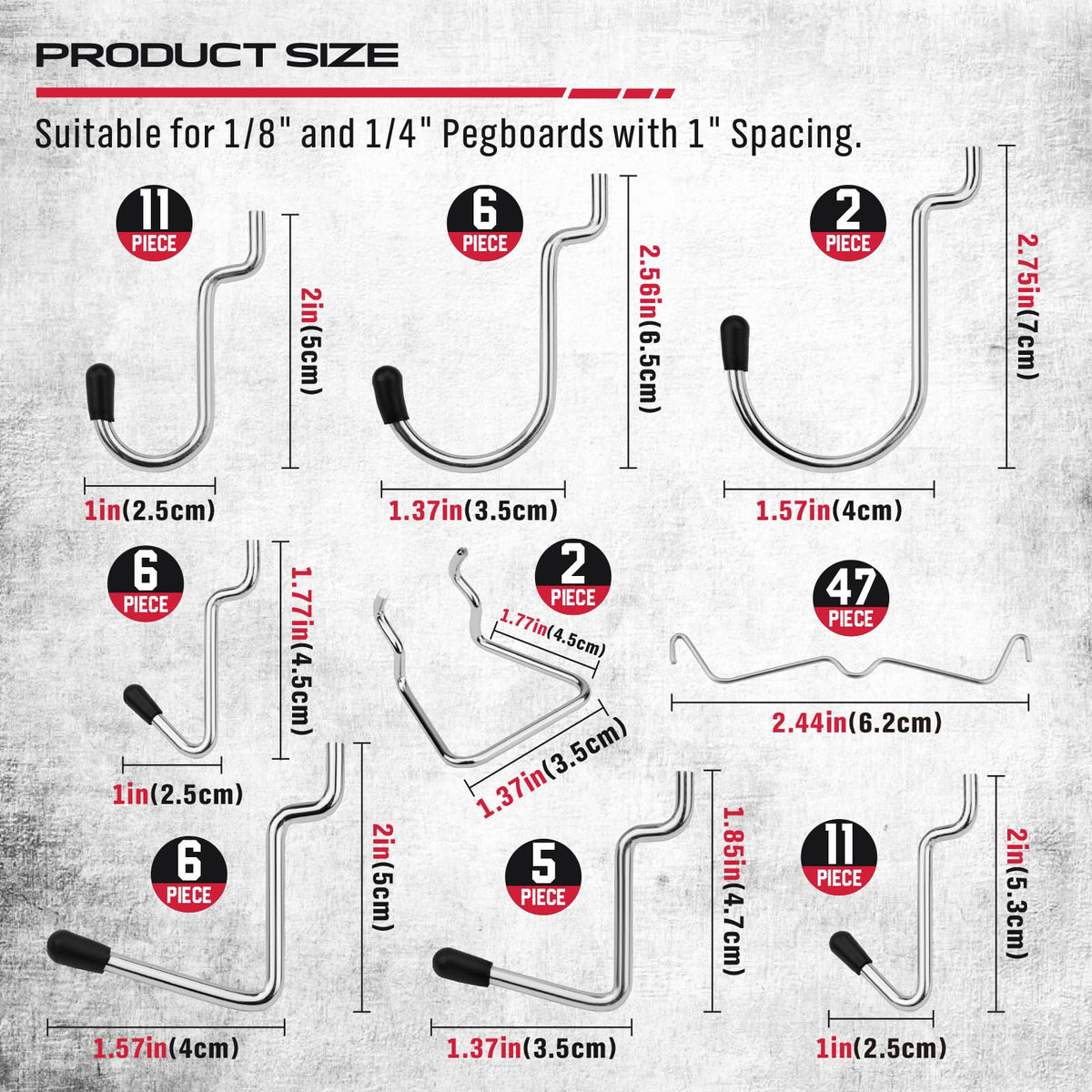 SEDY universal-fit hooks for 1/8 and 1/4 inch pegboards