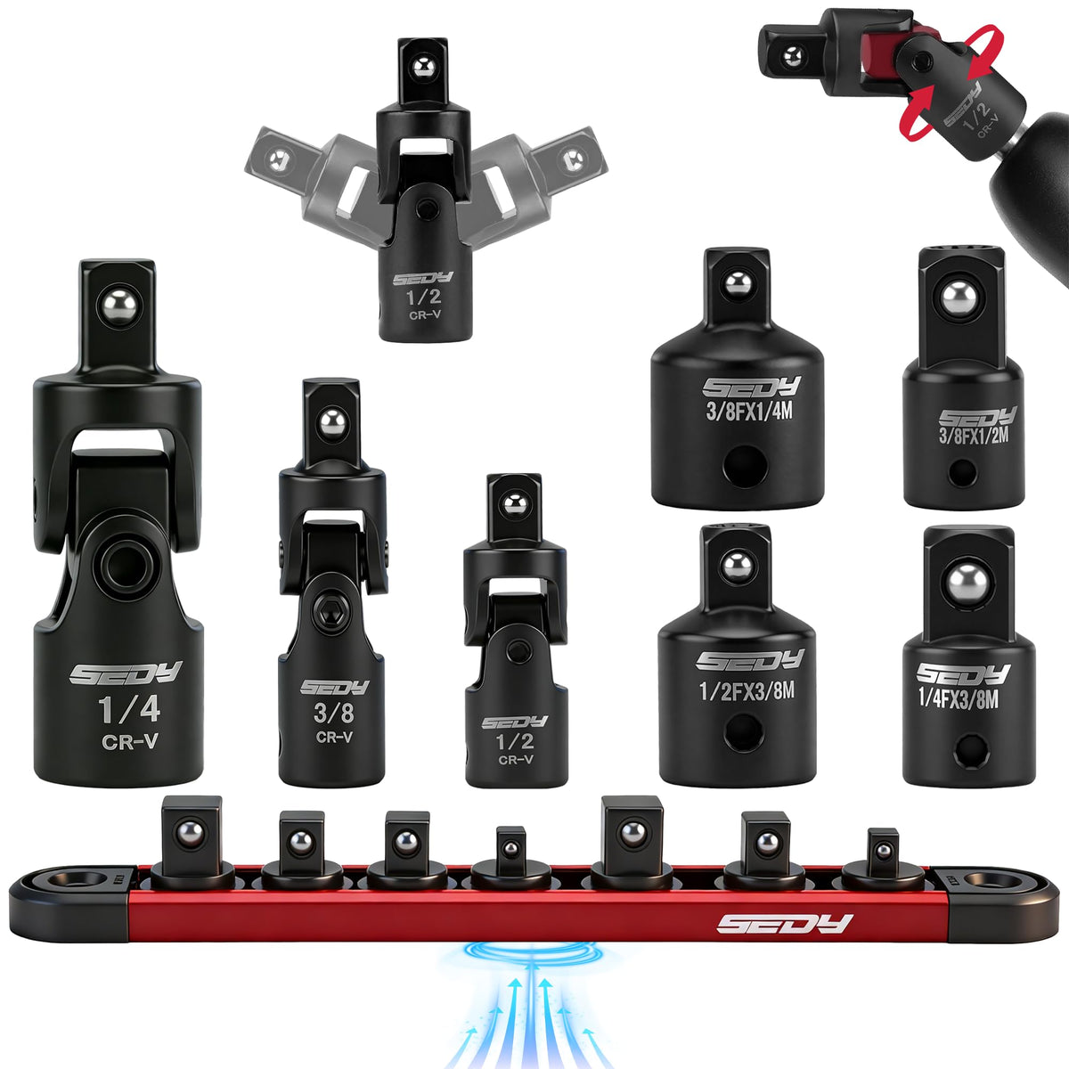 SEDY universal joint 1/4 drive with wobble head for tight access.