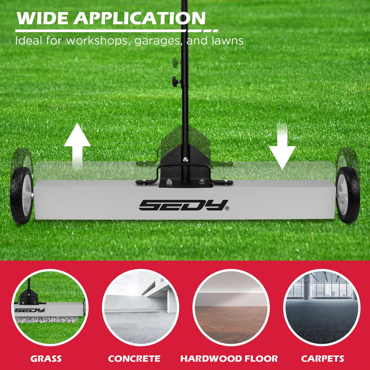 SEDY magnet sweeper used in yard and workshop to collect scattered metal parts.