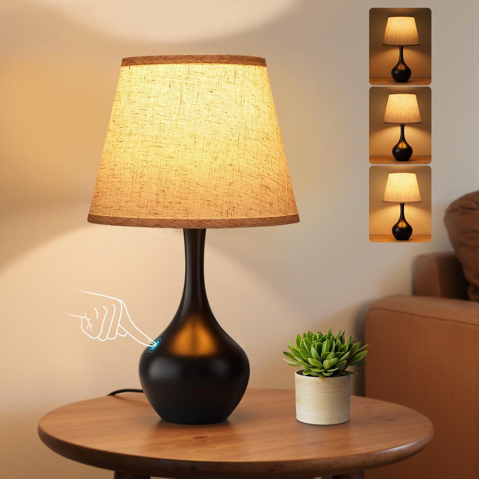 Seealle 16.1-inch touch table lamp on bedroom front view with adjustable brightness for reading and relaxing.