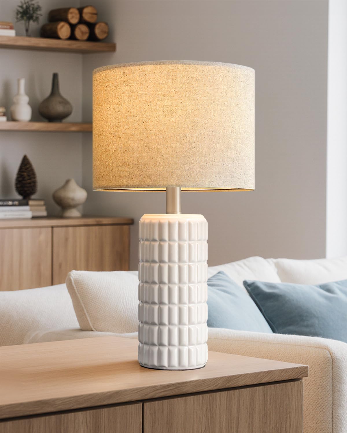 Seealle 23-inch ceramic lamp base with linen shade for cozy living room ambiance