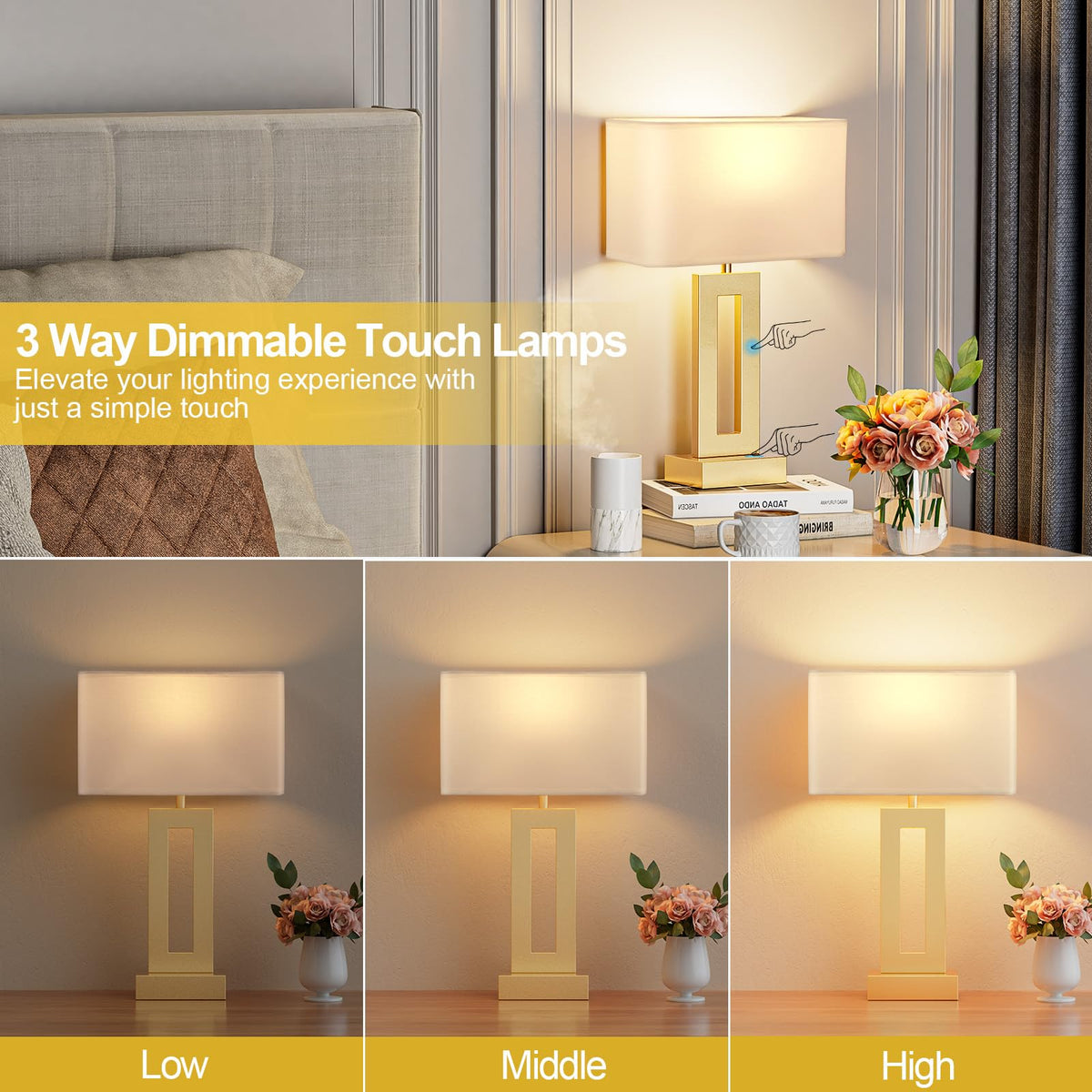 Seealle bedroom lamps set 2 showcase fabric shade and gold finish for elegant mood lighting.